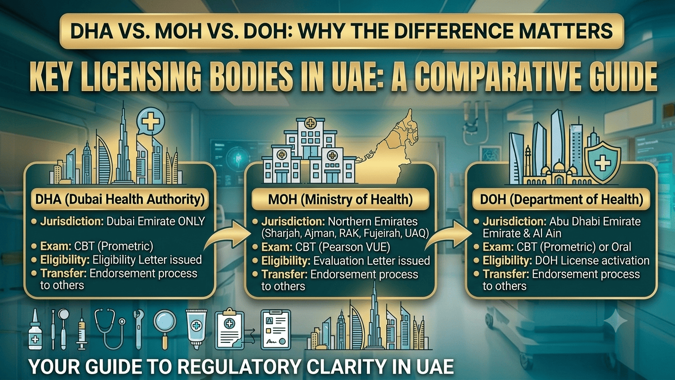 DHA EXAM vs moh vs doh